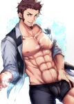  1boy abs bara bare_pectorals black_male_swimwear blue_eyes brown_hair bulge casual clothes_pull cowboy_shot cross_scar facial_hair fate/grand_order fate_(series) goatee hand_under_clothes highres long_sideburns looking_at_viewer male_focus male_swimwear mature_male muscular muscular_male napoleon_bonaparte_(fate) navel nipples open_clothes open_shirt pectorals pulled_by_self scar scar_on_chest seductive_smile short_hair sideburns sleeves_rolled_up smile solo stomach swim_briefs swimsuit_pull yani_(yano_023) 