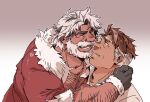  2boys almond_cookie arm_around_shoulder arm_hair bangs bara beard blue_eyes brown_hair chest_hair cookie_run couple dark-skinned_male dark_skin eggnog_cookie eye_contact facial_hair gamubear imminent_kiss leaning_on_person looking_at_another male_focus mature_male multicolored_hair multiple_boys muscular muscular_male mustache old old_man pectoral_cleavage pectorals santa_costume short_hair sideburns smile thick_eyebrows two-tone_hair upper_body white_hair wrinkled_skin yaoi 