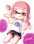  1girl 2021 :q arms_up barefoot black_shorts dated eyebrows highres hinasuzu69 inkling leg_up pink_eyes pink_hair pointy_ears print_shirt shirt short_hair short_shorts shorts simple_background sleeveless sleeveless_shirt smile solo splatoon_(series) splatoon_2 standing standing_on_one_leg tentacle_hair thighs tongue tongue_out water_balloon white_background white_shirt 