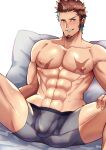  1boy abs bara blue_eyes blush boxers brown_hair bulge cross_scar edging_underwear facial_hair fate/grand_order fate_(series) feet_out_of_frame goatee grey_male_underwear highres large_pectorals long_sideburns male_focus male_underwear mature_male muscular muscular_male napoleon_bonaparte_(fate) navel nipples pectorals scar scar_on_chest seductive_smile short_hair sideburns smile smirk solo spread_legs stomach thighs topless_male underwear underwear_only yani_(yano_023) 