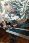  2boys androgynous armor bandaged_hand bandages bangs berserk bird black_armor black_cape blue_eyes cape clenched_teeth commentary dragonslayer_(sword) english_commentary fighting_stance griffith_(berserk) guts_(berserk) highres holding holding_sword holding_weapon huge_weapon long_hair looking_at_viewer looking_to_the_side multiple_boys one-eyed prosthesis prosthetic_arm scar silver_hair spiked_hair sword teeth wavy_hair weapon white_hair whoareuu 