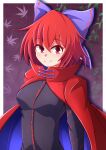  1girl aospanking bangs black_shirt border bow cloak closed_mouth hair_bow highres leaf long_sleeves looking_at_viewer maple_leaf plant purple_bow red_eyes red_hair sekibanki shirt short_hair smile solo touhou white_border 