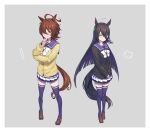  2girls agnes_tachyon_(umamusume) ahoge alternate_legwear animal_ears bangs black_hair black_sweater blue_legwear blue_sailor_collar blush bow bowtie breasts brown_eyes brown_footwear brown_hair buckle buttons closed_mouth commentary_request crossed_arms ear_tag earrings eyebrows_visible_through_hair eyelashes full_body grey_background grin hair_between_eyes hand_to_own_mouth highres horse_ears horse_girl horse_tail jewelry kazu_no_reason knees loafers long_hair long_sleeves looking_at_viewer manhattan_cafe_(umamusume) medium_breasts miniskirt multiple_girls pleated_skirt sailor_collar shiny shiny_hair shoes short_hair simple_background skirt smile standing sweater tail thighhighs umamusume v_arms white_bow white_bowtie yellow_eyes yellow_sweater 