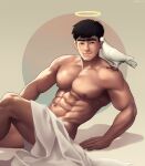  1boy abs animal animal_on_shoulder bangs bara bird black_hair closed_mouth dove dr.shin_nerdyart earrings highres jewelry large_pectorals looking_at_viewer male_focus muscular muscular_male naked_towel navel nerdyart1 nipples nude original pectorals short_hair sitting smile thick_eyebrows thick_thighs thighs towel 