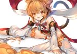  1girl :d andira_(granblue_fantasy) animal_ears bangs bare_shoulders barefoot beads blonde_hair blurry blush breasts cleavage depth_of_field detached_pants detached_sleeves diamond_(shape) earclip earrings erune eyebrows_visible_through_hair eyes_visible_through_hair feet_out_of_frame fur granblue_fantasy hagoromo hair_between_eyes hairband highres jewelry leaning_forward leotard looking_at_viewer mayusaki_yuu monkey_ears monkey_tail orange_eyes red_eyes sash shawl short_hair simple_background sitting sky small_breasts smile solo spread_fingers spread_legs tail tassel toes two_side_up v_legs white_background white_leotard wide_sleeves 