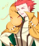 1boy :d absurdres alternate_color blush cape claws closed_eyes commentary_request dragonite green_background happy highres jacket lance_(pokemon) male_focus open_mouth orange_cape pokemon pokemon_(creature) pokemon_(game) pokemon_masters_ex red_hair short_hair signature simple_background smile tongue yao_(evep3835) 