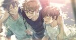  3boys ace_of_diamond aqua_shirt arm_on_shoulder bangs black_hair blue_eyes blue_shirt brown_eyes brown_hair closed_eyes day dirty dirty_face furuya_satoru glasses highres looking_at_another male_focus miyuki_kazuya multiple_boys open_mouth outdoors sato_(sato_1_11) sawamura_eijun shirt short_hair smile upper_body white_shirt 