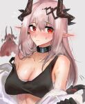  1girl arknights bangs bare_shoulders black_gloves blush breasts cleavage closed_mouth collar collarbone commentary_request demon_girl demon_horns ear_blush embarrassed eyebrows_visible_through_hair frown gloves hair_between_eyes highres horns infection_monitor_(arknights) kaguura_(kagu) large_breasts long_hair looking_at_viewer monster mudrock_(arknights) off_shoulder open_clothes pink_hair pointy_ears red_eyes sarashi simple_background solo sports_bra steaming_body sweat undressing upper_body white_background 