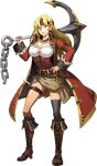  1girl anchor asymmetrical_legwear belt belt_buckle blue_eyes boots breasts brown_belt brown_footwear brown_headband brown_skirt buckle chain cleavage coat collarbone facial_mark full_body grey_legwear hand_on_hip highres holding holding_anchor holding_weapon imelda_(langrisser) jewelry knee_boots kneehighs langrisser langrisser_ii large_breasts looking_at_viewer miniskirt mole mole_under_mouth nail_polish necklace official_art open_clothes open_coat parted_lips pirate red_coat red_nails shiny shiny_skin shirt skirt solo standing thighhighs torn_clothes torn_legwear transparent_background underbust weapon white_shirt 