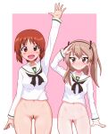  2girls arm_up ass_visible_through_thighs bar_censor blonde_hair blush blush_stickers bottomless breasts brown_eyes brown_hair censored collarbone eyebrows_visible_through_hair girls_und_panzer gogopaint hair_ornament hairband highres looking_at_viewer multiple_girls navel nishizumi_miho no_panties ooarai_school_uniform open_mouth pussy school_uniform shimada_arisu shiny shiny_hair short_hair simple_background small_breasts smile standing waving 