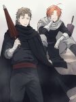  2boys ^_^ abuto ahoge bandaged_arm bandages brown_hair cape chinese_clothes closed_eyes gintama kamui_(gintama) male_focus multiple_boys orange_hair simple_background sitting smile standing tangzhuang tofu_(bean359) umbrella 