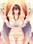  1girl bangs black_hair bra breasts bridal_gauntlets bridal_legwear bridal_lingerie bridal_veil choker cleavage closed_mouth clothes_lift collarbone dakikano dress dress_lift eyebrows_visible_through_hair flower fukami_arisa garter_belt garter_straps hair_between_eyes highres large_breasts legs_together lifted_by_self lingerie long_hair looking_at_viewer mdf_an official_art panties purple_eyes sidelocks skirt skirt_lift smile solo standing string_panties thighhighs underwear veil wedding_dress white_dress white_flower white_panties 