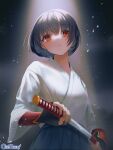  1girl bangs black_hair bob_cut chain_paradox commentary_request eyebrows_visible_through_hair fingerless_gloves gloves holding holding_sword holding_weapon japanese_clothes katana looking_at_viewer official_art original sheath shirt solo sword tokimaru unsheathing weapon white_shirt 