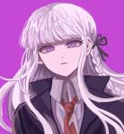  1girl bangs black_jacket black_ribbon bong_(0u0bon) braid brown_necktie collared_shirt danganronpa:_trigger_happy_havoc danganronpa_(series) eyebrows_visible_through_hair grey_hair grey_shirt hair_ribbon jacket kirigiri_kyouko long_hair looking_at_viewer necktie parted_lips pink_background portrait purple_eyes ribbon shiny shiny_hair shirt single_braid solo teeth 