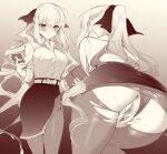  1girl anus ass bangs black_bow blue_eyes bow braid breasts collared_shirt dress_shirt fate/grand_order fate_(series) french_braid grey_hair greyscale hair_bow highres large_breasts long_hair long_sleeves looking_at_viewer m-da_s-tarou monochrome morgan_le_fay_(fate) multiple_views pantyhose pencil_skirt ponytail pussy shirt sidelocks skirt thighs torn_clothes torn_legwear uncensored very_long_hair 