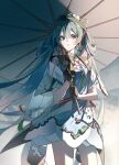  1girl alternate_hairstyle aqua_hair commentary dress gloves hair_ornament hands_up hatsune_miku highres holding holding_umbrella izumi_ju long_hair parted_lips shading short_sleeves solo standing twintails umbrella vocaloid 