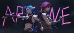  2girls absurdres arcane:_league_of_legends arm_tattoo back-to-back bandaged_arm bandaged_hand bandages bangs bare_shoulders belt black_background breasts brown_gloves copyright_name crop_top detached_sleeves finger_gun fingerless_gloves from_side gloves gradient gradient_background highres jangsunyo jinx_(league_of_legends) large_breasts league_of_legends long_hair medium_breasts multiple_girls navel official_alternate_costume pink_hair production_art shiny shiny_hair siblings sisters spiked_belt stomach tattoo vi_(league_of_legends) 
