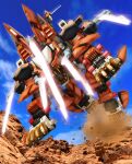  blade claws cloud cloudy_sky commentary fangs from_above jumping liger_zero_schneider mecha no_humans photo_background red_eyes robographer rock running sky smoke solo weapon zoids zoids_shinseiki/zero 