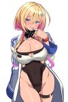  1girl absurdres azur_lane blonde_hair blue_eyes blush breasts cleavage cleavage_cutout clothing_cutout coat collarbone eyebrows_visible_through_hair finger_to_mouth gyaru hair_ornament hey_taisyou highres large_breasts leotard marblehead_(azur_lane) multicolored_hair pink_hair simple_background solo symbol-shaped_pupils tan thigh_strap white_background 
