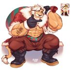  1boy abs absurdres animal_ears arm_hair bangs bara beard blue_eyes bulge carrying_over_shoulder cookie_run eggnog_cookie estper facial_hair full_body fur-trimmed_jacket fur_trim furrification furry furry_male gift_bag highres jacket lion_boy lion_ears lion_tail male_focus mature_male muscular muscular_male mustache navel open_clothes open_jacket pectoral_cleavage pectorals red_jacket reference_inset santa_costume short_hair sitting solo stomach stroking_beard tail thick_eyebrows underpec white_hair 