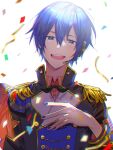  1boy :d blue_eyes blue_hair commentary confetti epaulettes fake_facial_hair fake_mustache hand_on_own_chest headphones hk_(wgyz7222) kaito_(vocaloid) long_sleeves male_focus nail_polish project_sekai short_hair simple_background smile solo vocaloid 