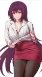  1girl bra breasts cleavage dress_shirt fate/grand_order fate_(series) hair_intakes high-waist_skirt highres hua-j knot large_breasts long_hair looking_at_viewer pantyhose purple_hair red_eyes scathach_(fate) shirt skirt solo unbuttoned underwear very_long_hair 