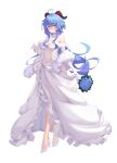  1girl absurdres ahoge alternate_costume bangs bare_shoulders blue_flower blue_hair blue_rose blush bouquet breasts center_opening cleavage closed_mouth detached_collar dress elbow_gloves eyebrows_visible_through_hair flower frilled_dress frills fur_shawl ganyu_(genshin_impact) genshin_impact gloves heart heart-shaped_pupils high_heels highres holding holding_bouquet horns jewelry long_hair looking_at_viewer medium_breasts navel nose_blush pai_daxing purple_eyes ring rose simple_background skirt_hold smile solo standing symbol-shaped_pupils very_long_hair wedding_dress white_background white_footwear white_gloves 