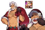 1boy absurdres arm_hair bangs bara bare_pectorals beard blue_eyes chest_hair collage cookie_run eggnog_cookie facial_hair finger_in_mouth fur-trimmed_jacket fur_trim gift_bag groin hairy highres holmy_(holmesdmode) jacket large_pectorals male_focus mature_male muscular muscular_male mustache navel nipples old old_man one_eye_closed open_clothes open_jacket pants pectorals red_jacket red_pants reference_inset santa_costume short_hair stomach sweatdrop thick_eyebrows tongue tongue_out upper_body white_hair wrinkled_skin 