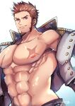  1boy abs absurdres bara bare_pectorals blue_eyes brown_hair brown_pants cross_scar epaulettes facial_hair fate/grand_order fate_(series) fringe_trim goatee highres jacket large_pectorals leather leather_jacket long_sideburns long_sleeves looking_at_viewer male_focus mature_male muscular muscular_male napoleon_bonaparte_(fate) navel nipples no_shirt open_clothes open_jacket pants pectorals scar scar_on_chest shiny shiny_skin short_hair sideburns smile solo stomach upper_body yani_(yano_023) 