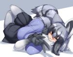  1girl :3 absurdres animal_ears black_hair black_skirt blush breasts common_raccoon_(kemono_friends) eyebrows_visible_through_hair grey_hair grey_legwear hair_between_eyes highres kemono_friends large_breasts long_hair looking_at_viewer multicolored_hair pantyhose raccoon_ears raccoon_girl raccoon_tail simple_background skirt tail urisaba 