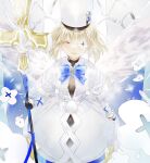  1girl absurdres angel_wings azur_lane bangs blonde_hair blue_ribbon capelet closed_eyes closed_mouth commentary_request crosier cross dress earrings eyepatch feathered_wings gauntlets hat highres holding holding_staff jewelry le_terrible_(azur_lane) neck_ribbon ribbon shako_cap short_hair smile solo staff standing tanxing_jiu white_dress white_headwear wings 