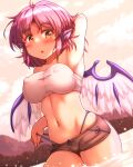  1girl arm_up armpits bangs blush breasts commentary_request covered_nipples eyebrows_visible_through_hair hair_between_eyes hand_up highres medium_breasts mystia_lorelei no_hat no_headwear open_mouth pink_hair short_hair solo standing touhou yoriyuki_chiyo 