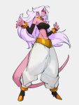  1girl android_21 breasts choker colored_skin dragon_ball dragon_ball_fighterz earrings full_body grey_background hoop_earrings jewelry kemachiku long_hair looking_at_viewer majin_android_21 medium_breasts midriff navel pink_hair pink_skin pointy_ears red_eyes simple_background smile solo standing tail yellow_choker 