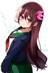  1girl blue_jacket brown_hair cowboy_shot from_behind green_sailor_collar green_skirt hair_ornament highres jacket kantai_collection katsuobushi_(eba_games) kisaragi_(kancolle) long_hair looking_at_viewer looking_back neckerchief purple_eyes red_neckerchief remodel_(kantai_collection) sailor_collar school_uniform serafuku skirt smile solo white_background 