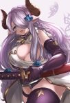  1girl absurdres asymmetrical_legwear bangs blue_eyes braid breasts bright_pupils commentary draph elbow_gloves gloves granblue_fantasy hair_ornament hair_over_one_eye hairclip highres horns katana large_breasts light_purple_hair maou_(maoudaisukiya) mismatched_legwear narmaya_(granblue_fantasy) open_mouth parted_bangs pointy_ears sheath sheathed side_braid sideboob smile solo sword thigh_strap thighhighs thighs weapon 
