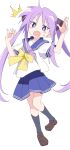  1girl ^^^ blue_skirt brown_ribbon full_body hair_ribbon hiiragi_kagami ixy long_hair looking_at_viewer lucky_star open_mouth purple_eyes purple_hair ribbon simple_background skirt solo thighs twintails white_background 