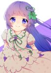  1girl bangs blue_hair blunt_bangs blush dress food fruit furude_rika grapes hair_ornament highres higurashi_no_naku_koro_ni hime_cut juliet_sleeves leaf_hair_ornament long_hair long_sleeves pink_dress puffy_sleeves purple_eyes shirokuma_(whitepea0c0h) sidelocks simple_background smile white_background 