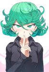  1girl black_dress breasts curly_hair dress eyelashes finger_to_mouth green_eyes green_hair highres mogudan one-punch_man small_breasts solo_focus tatsumaki white_background 