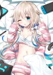  1girl bangs bare_shoulders bed_sheet blonde_hair blue_eyes blue_hair blush bow bow_panties breasts clothes_pull commentary_request eyebrows_visible_through_hair frills hair_between_eyes hands_up indie_virtual_youtuber jacket long_hair long_sleeves loungewear lying multicolored_hair navel nintendo_switch on_back one_eye_closed open_clothes open_jacket panties parted_lips pillow short_shorts shorts shorts_pull sleeves_past_wrists small_breasts solo strap_slip striped striped_jacket striped_shorts stylus tail two-tone_hair uchuuneko uchuuneko_(vtuber) underwear very_long_hair virtual_youtuber white_panties 