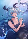  1girl air_bubble artist_name bare_arms black_bow black_dress blue_eyes blue_hair blue_theme bow breasts bubble caustics chikenryice collarbone colored_eyelashes commentary dress eyebrows_visible_through_hair eyelashes fingernails fish hair_between_eyes hair_bow hands_up hatsune_miku head_tilt heart_bubbles highres lens_flare light_blush light_rays light_smile lips long_hair looking_at_viewer parted_lips shinkai_shoujo_(vocaloid) sleeveless sleeveless_dress small_breasts solo spaghetti_strap teeth twintails underwater upper_teeth very_long_hair vocaloid 