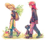  1boy 1girl backpack bag bangs blonde_hair boots brown_bag brown_footwear commentary_request from_side gloves grass hat itome_(funori1) jacket long_hair long_sleeves looking_back open_mouth pants pikachu pokemon pokemon_(creature) pokemon_adventures purple_pants short_hair silver_(pokemon) smile sneasel standing tunic yellow_(pokemon) yellow_headwear 