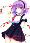  1girl arm_behind_back bangs black_skirt blood blue_eyes breasts collared_shirt cowboy_shot eyebrows_visible_through_hair fukai_ni_nemuru_oujo_no_abaddon holding holding_scissors large_breasts miniskirt mizuishi_rikana necktie nnmi11 pleated_skirt purple_hair red_necktie red_neckwear scissors shirt short_hair short_necktie simple_background skirt solo suspender_skirt suspenders white_background white_shirt 