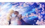  1boy 1girl black_gloves blonde_hair brown_hair closed_eyes closed_mouth cloud detached_sleeves final_fantasy final_fantasy_x flower gloves hakama japanese_clothes jewelry necklace sasanomesi short_hair star_(sky) tidus yuna_(ff10) 