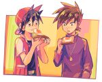  2boys backwards_hat bangs baseball_cap black_hair black_shirt blue_oak brown_hair clenched_teeth commentary_request food fried_egg green_eyes hand_up hat holding holding_food itome_(funori1) jacket jewelry long_sleeves male_focus mouth_hold multiple_boys necklace open_clothes open_jacket pokemon pokemon_adventures purple_shirt red_(pokemon) red_headwear red_jacket shirt short_hair spiked_hair teeth toast 