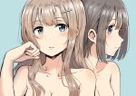  2girls absurdres betock blue_background blue_eyes blush breasts brown_hair cleavage closed_mouth collarbone commentary_request hair_ornament hairclip highres light_brown_hair long_hair looking_at_viewer multiple_girls nude original parted_lips purple_eyes short_hair simple_background upper_body 