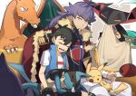  2boys ash_ketchum baseball_cap black_headwear blue_jacket cape champion_uniform charizard closed_eyes closed_mouth commentary_request dark-skinned_male dark_skin dragapult dreepy facial_hair fur-trimmed_cape fur_trim gengar gloves hat highres holding holding_clothes holding_hat jacket leggings leon_(pokemon) long_hair looking_down lucario male_focus mouth_hold multiple_boys open_mouth ou_negi pikachu pokemon pokemon_(anime) pokemon_(creature) pokemon_swsh_(anime) purple_hair red_cape shield_print shirt short_sleeves shorts single_glove sitting sleeping sleeveless sleeveless_jacket smile sword_print t-shirt teeth tongue white_legwear white_shirt white_shorts yellow_eyes 