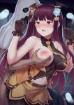  1boy 1girl bangs bare_arms bare_shoulders belt blush breast_grab breasts brown_belt commentary_request eyebrows_visible_through_hair girls&#039;_frontline giving_up_the_ghost gloves grabbing hair_ornament hands_up highres large_breasts long_hair mingke navel nipples official_alternate_costume parted_lips purple_hair red_eyes side_ponytail skirt solo_focus wa2000_(girls&#039;_frontline) yellow_skirt 