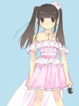  1girl brown_hair commentary_request dress highres microphone off-shoulder_dress off_shoulder pink_dress real_life solo south_mori tamura_yukari twintails 