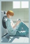 1boy bangs blue_pants book brown_hair closed_mouth filiaulcopt highres holding holding_book indoors luke_pearce_(tears_of_themis) male_focus on_floor pants polo_shirt reading shadow shirt sitting sleeves_rolled_up solo sunlight tears_of_themis washing_machine white_shirt window 