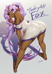  +_+ 1girl absurdres ass bare_legs barefoot bent_over black_nails commission dark_skin eyepatch fangs fox_(shunao) from_behind full_body grey_background highres kio_naoki light_purple_hair long_hair looking_back nail_polish naked_shirt off_shoulder original ponytail second-party_source shirt shirt_tug simple_background skeb_commission solo standing very_long_hair 